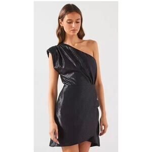 MNG by Mango One Shoulder Textured Shimmer Asymetrical Mini Dress Black. Size 4